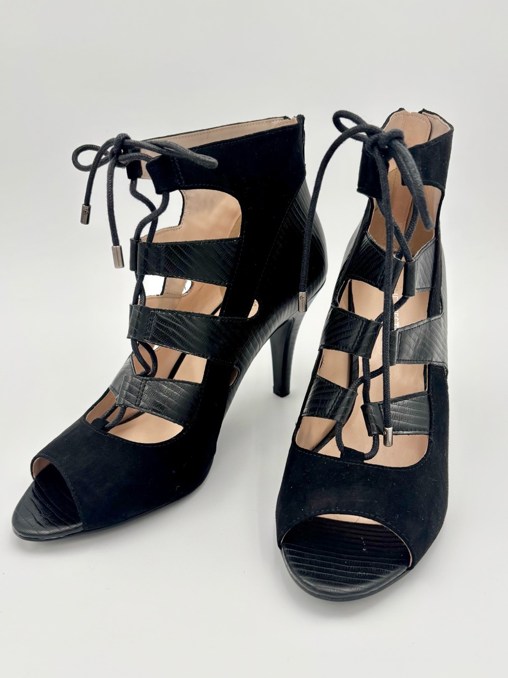 Nine West Black Lace Up Peep Toe Heels Size 9.5 Suede Leather. Worn once.